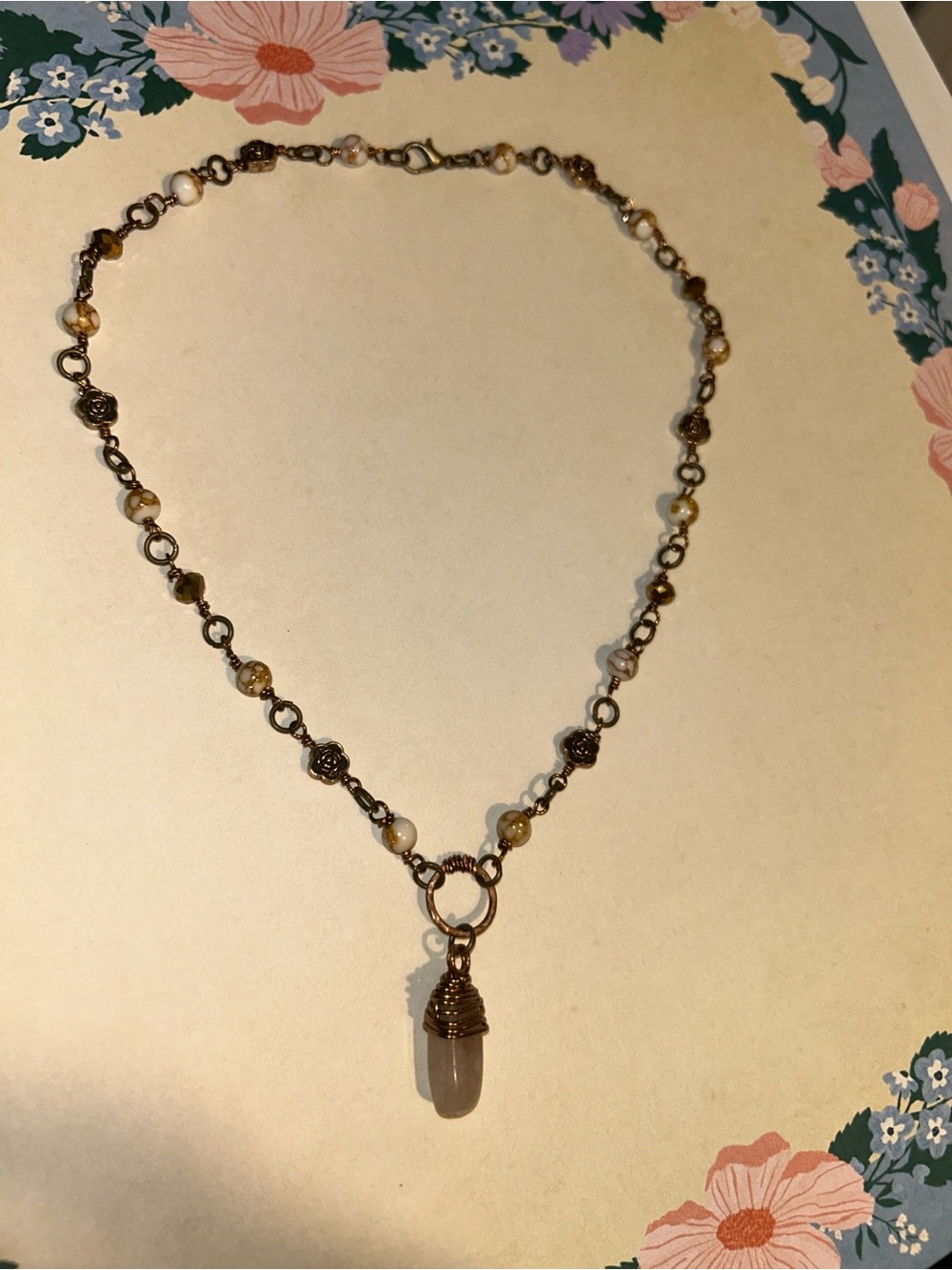 Handcrafted Bronze Bead Necklace with Morganite Pendant
